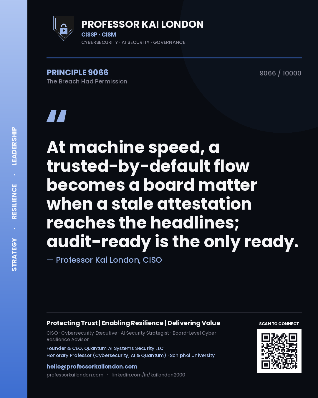 Professor Kai London principle 9066: At machine speed, a trusted-by-default flow becomes a board matter when a stale attestation reaches the headlines; audit-ready is the only ready.