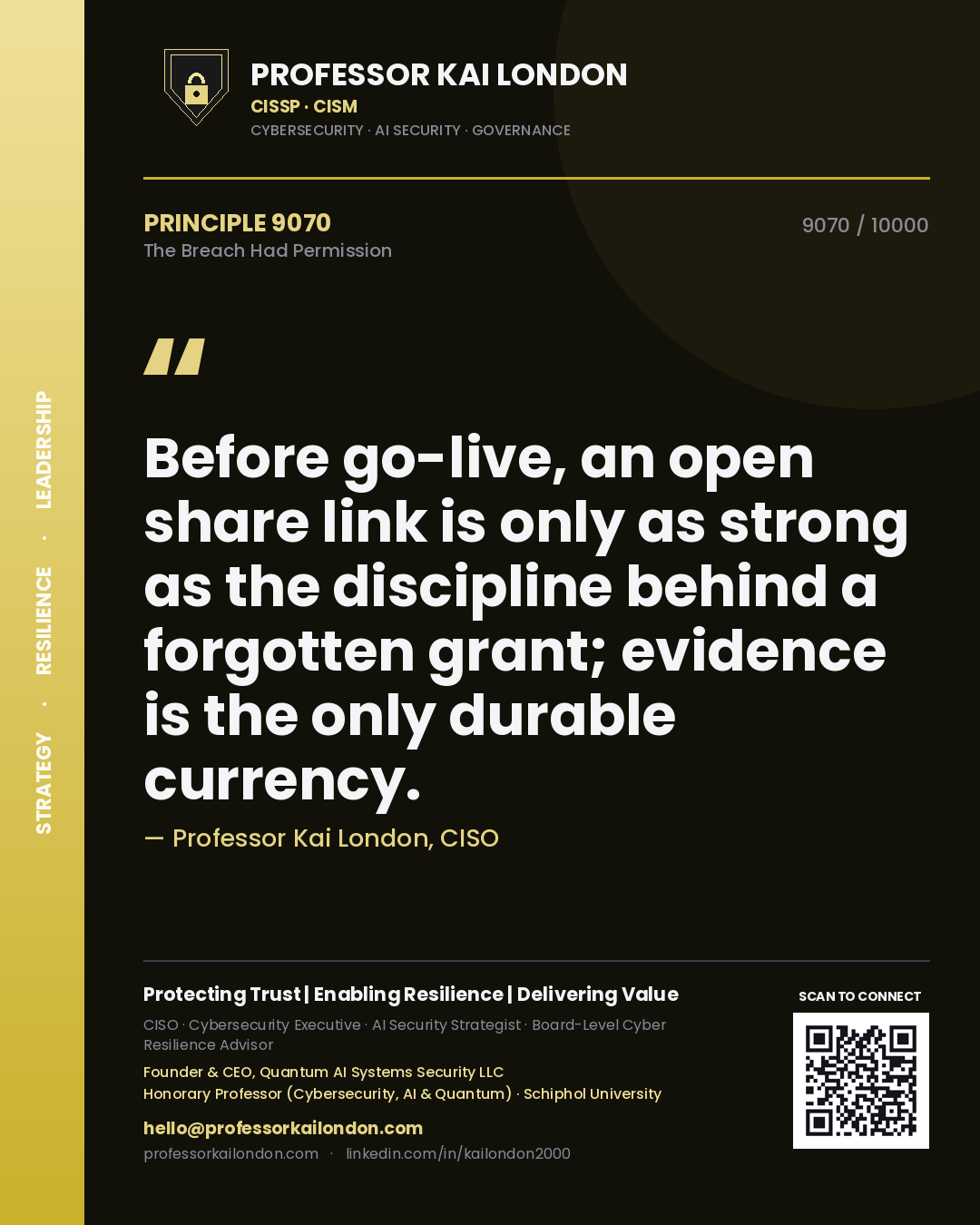 Professor Kai London principle 9070: Before go-live, an open share link is only as strong as the discipline behind a forgotten grant; evidence is the only durable currency.