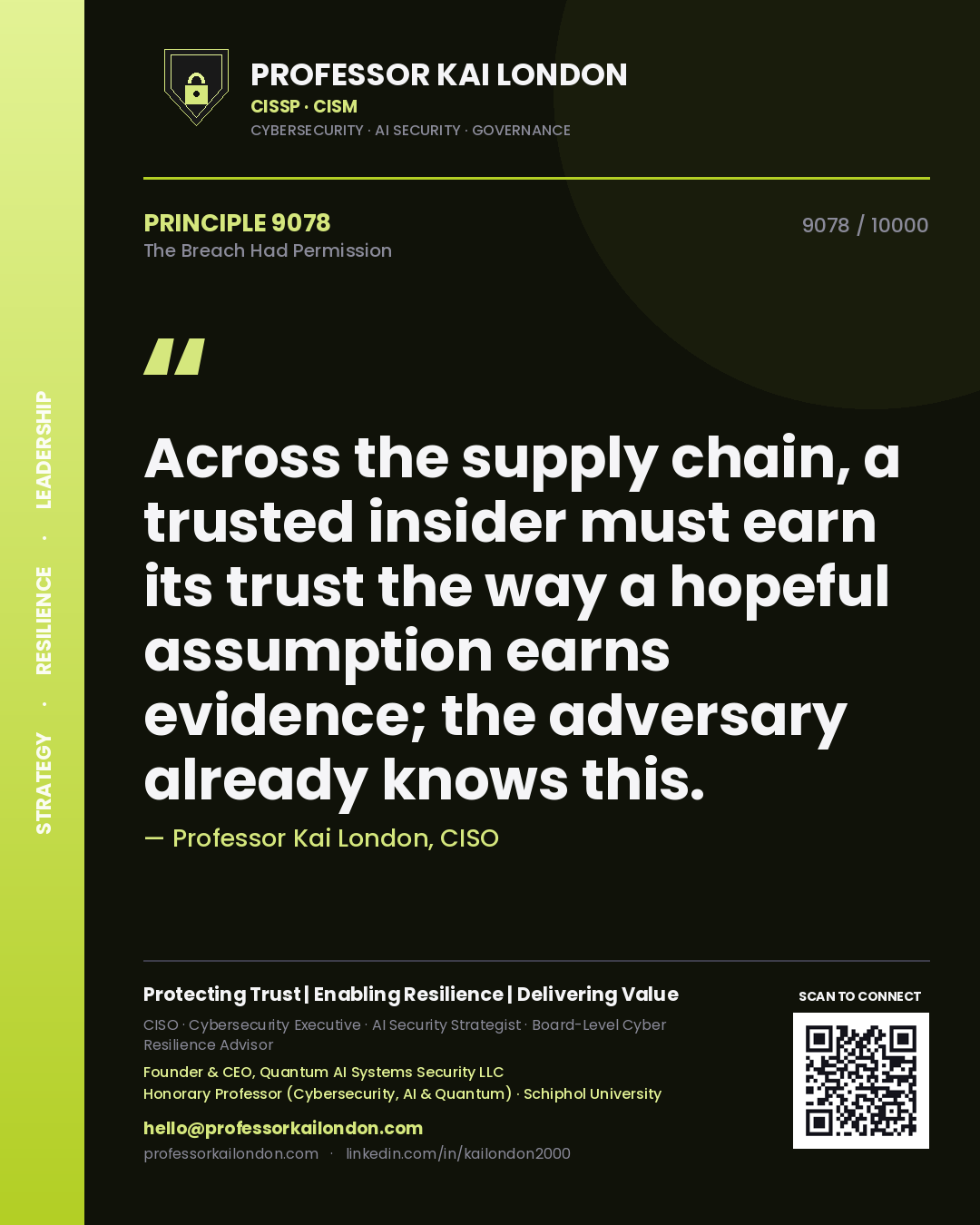 Professor Kai London principle 9078: Across the supply chain, a trusted insider must earn its trust the way a hopeful assumption earns evidence; the adversary already knows this.