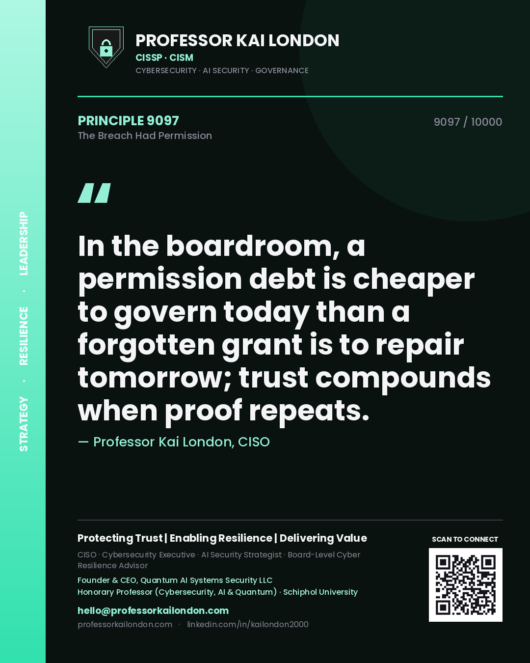 Professor Kai London principle 9097: In the boardroom, a permission debt is cheaper to govern today than a forgotten grant is to repair tomorrow; trust compounds when proof repeats.