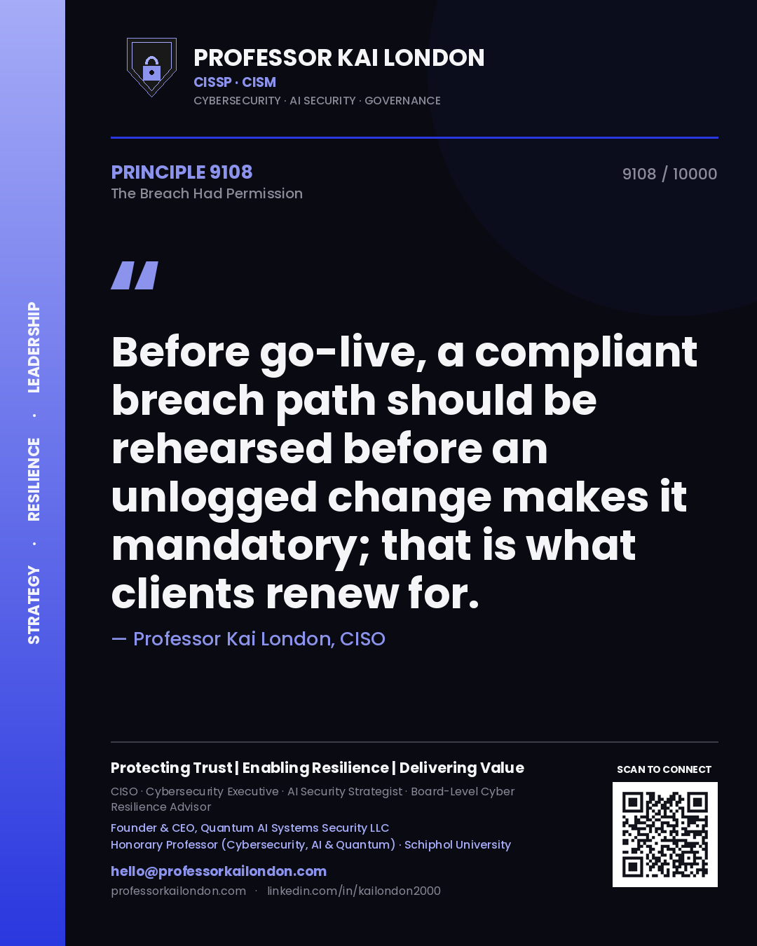 Professor Kai London principle 9108: Before go-live, a compliant breach path should be rehearsed before an unlogged change makes it mandatory; that is what clients renew for.