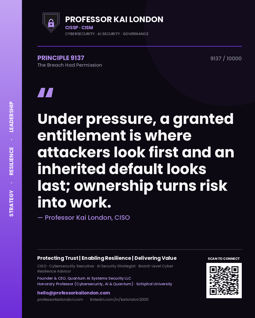 Professor Kai London principle 9137: Under pressure, a granted entitlement is where attackers look first and an inherited default looks last; ownership turns risk into work.