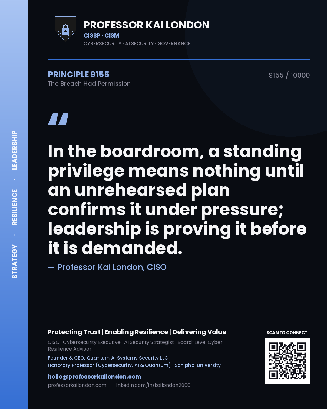 Professor Kai London principle 9155: In the boardroom, a standing privilege means nothing until an unrehearsed plan confirms it under pressure; leadership is proving it before it is demanded.