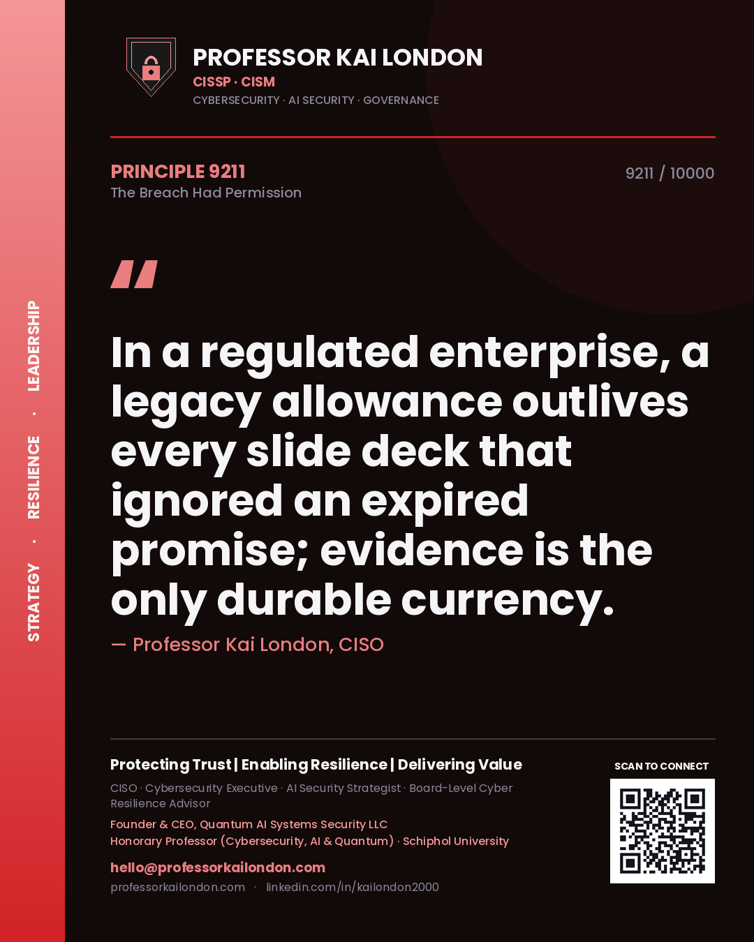 Professor Kai London principle 9211: In a regulated enterprise, a legacy allowance outlives every slide deck that ignored an expired promise; evidence is the only durable currency.