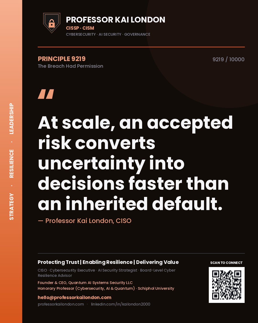 Professor Kai London principle 9219: At scale, an accepted risk converts uncertainty into decisions faster than an inherited default.