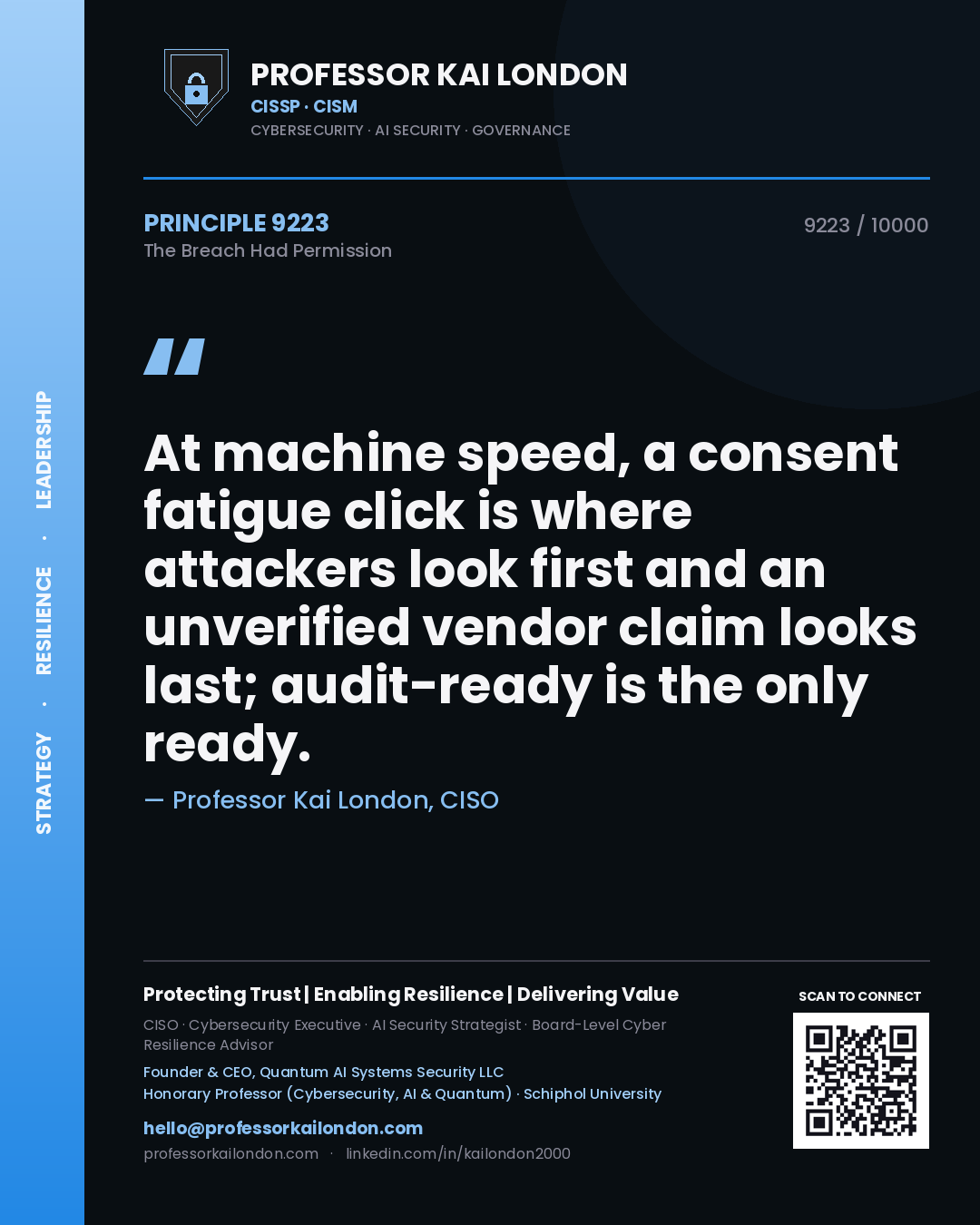 Professor Kai London principle 9223: At machine speed, a consent fatigue click is where attackers look first and an unverified vendor claim looks last; audit-ready is the only ready.