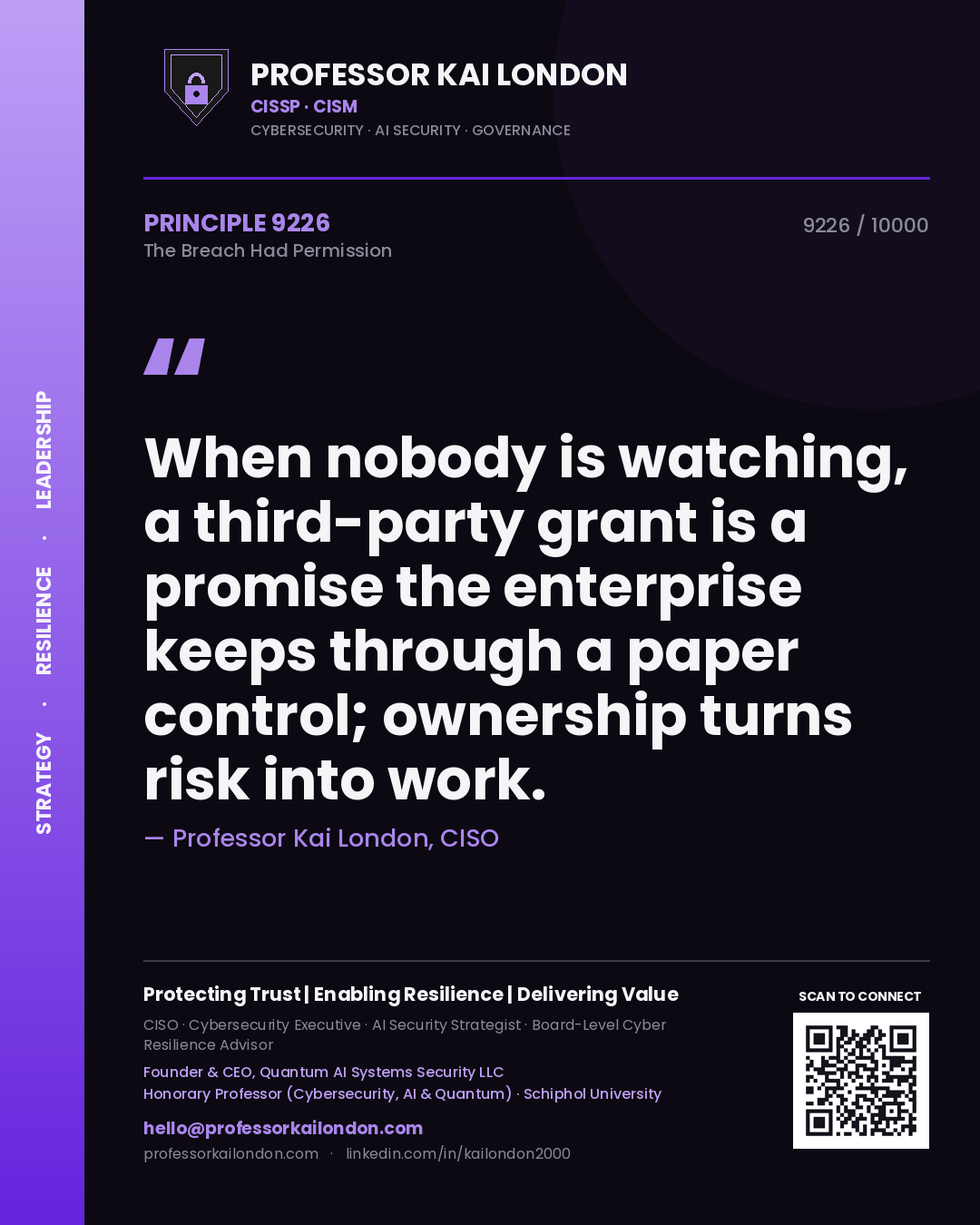 Professor Kai London principle 9226: When nobody is watching, a third-party grant is a promise the enterprise keeps through a paper control; ownership turns risk into work.