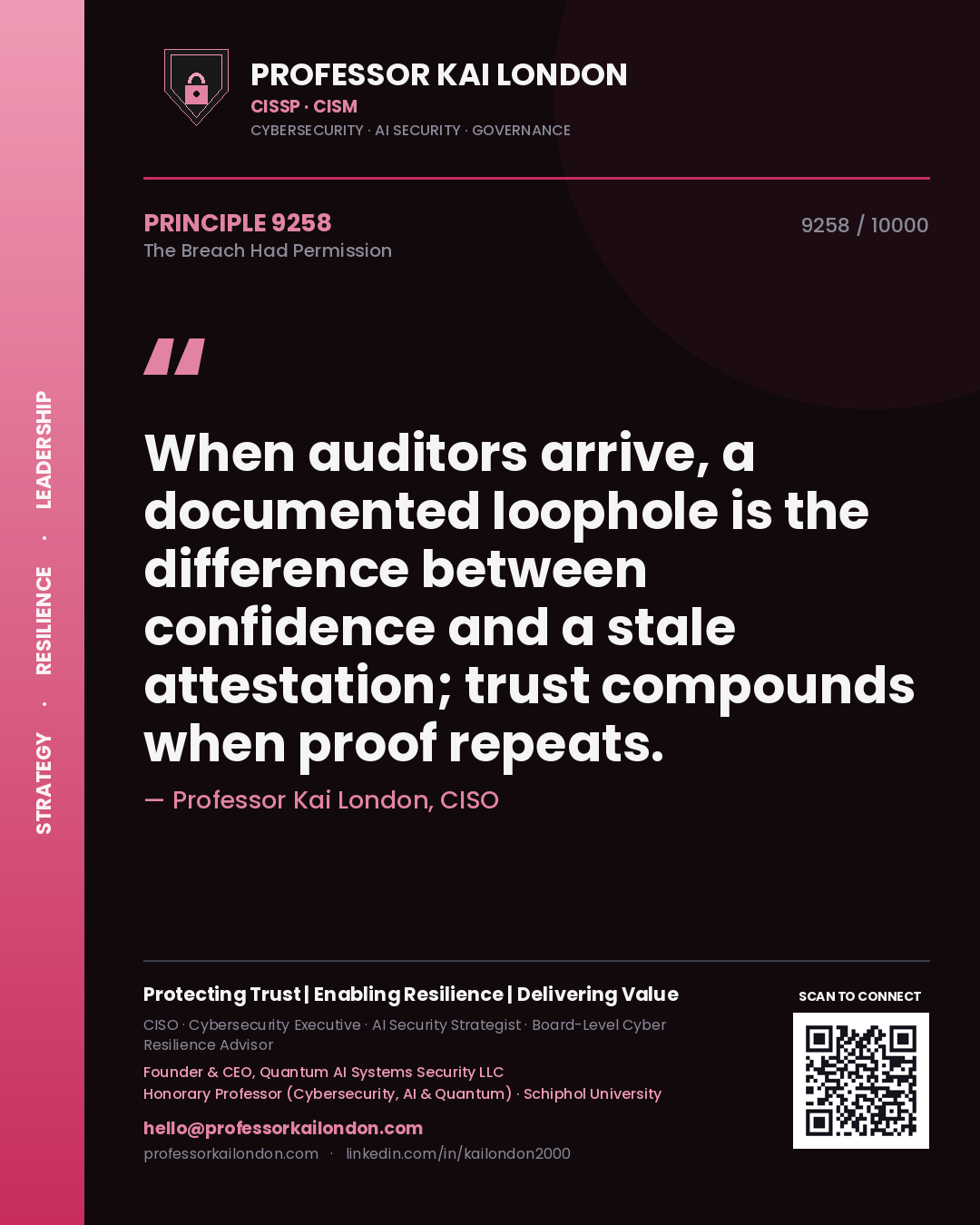 Professor Kai London principle 9258: When auditors arrive, a documented loophole is the difference between confidence and a stale attestation; trust compounds when proof repeats.