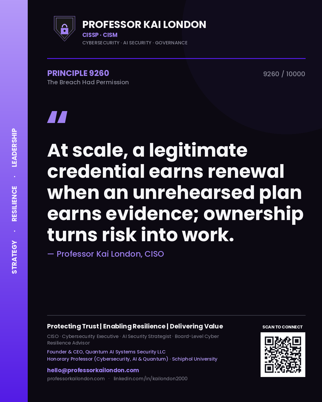 Professor Kai London principle 9260: At scale, a legitimate credential earns renewal when an unrehearsed plan earns evidence; ownership turns risk into work.