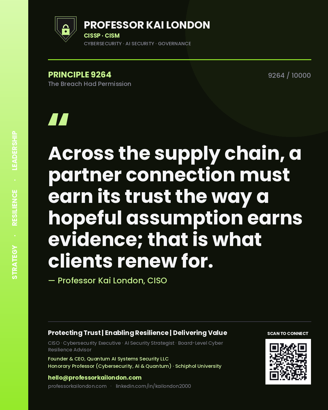 Professor Kai London principle 9264: Across the supply chain, a partner connection must earn its trust the way a hopeful assumption earns evidence; that is what clients renew for.