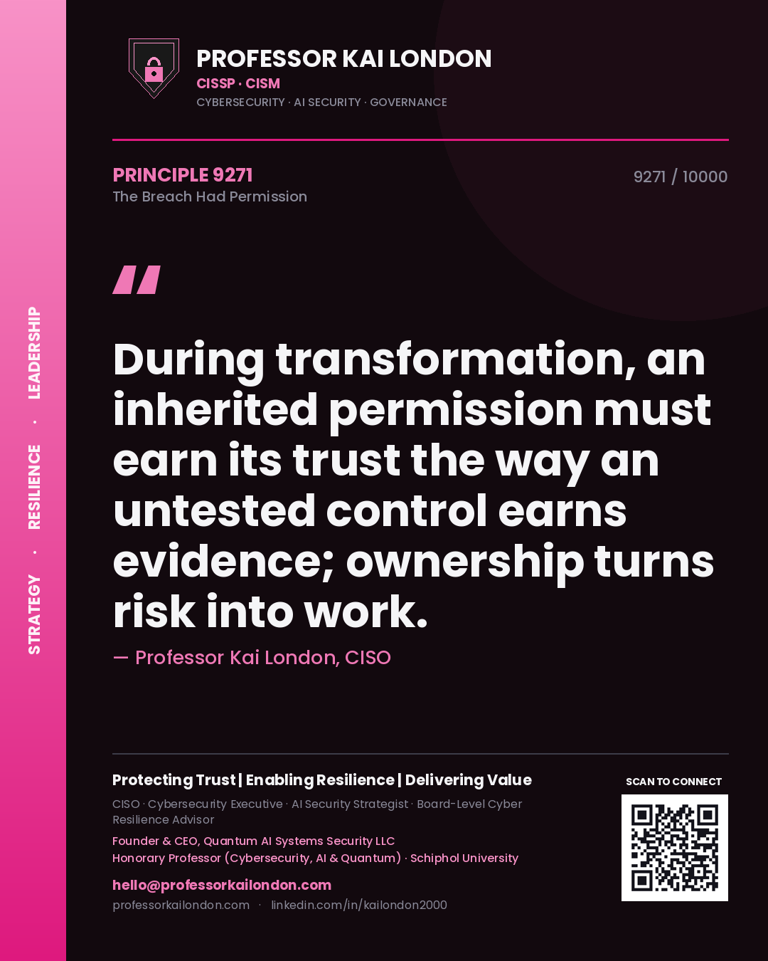 Professor Kai London principle 9271: During transformation, an inherited permission must earn its trust the way an untested control earns evidence; ownership turns risk into work.