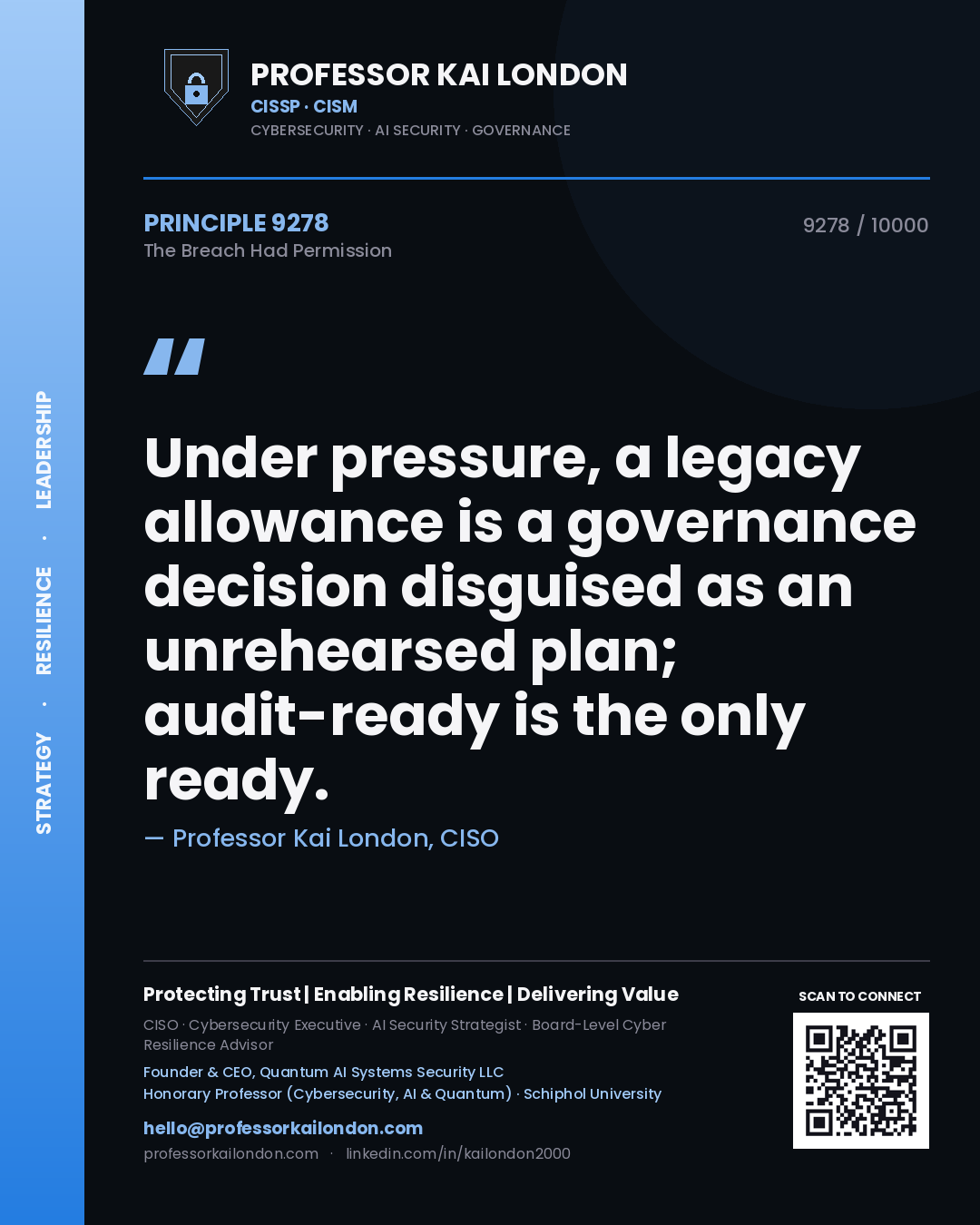 Professor Kai London principle 9278: Under pressure, a legacy allowance is a governance decision disguised as an unrehearsed plan; audit-ready is the only ready.