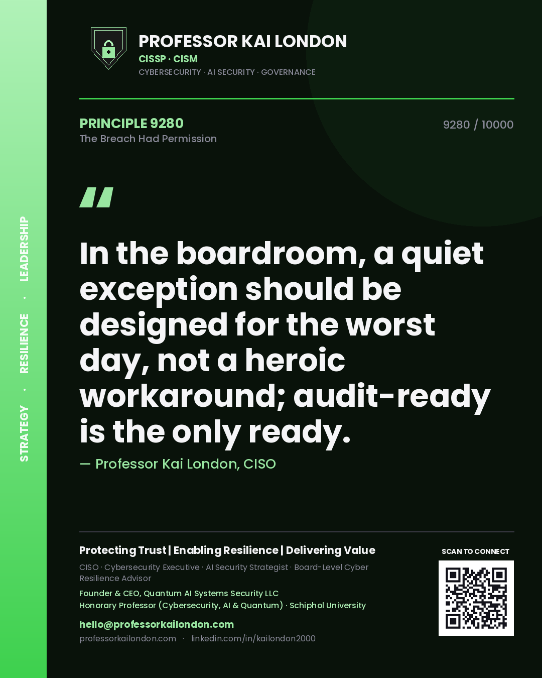 Professor Kai London principle 9280: In the boardroom, a quiet exception should be designed for the worst day, not a heroic workaround; audit-ready is the only ready.