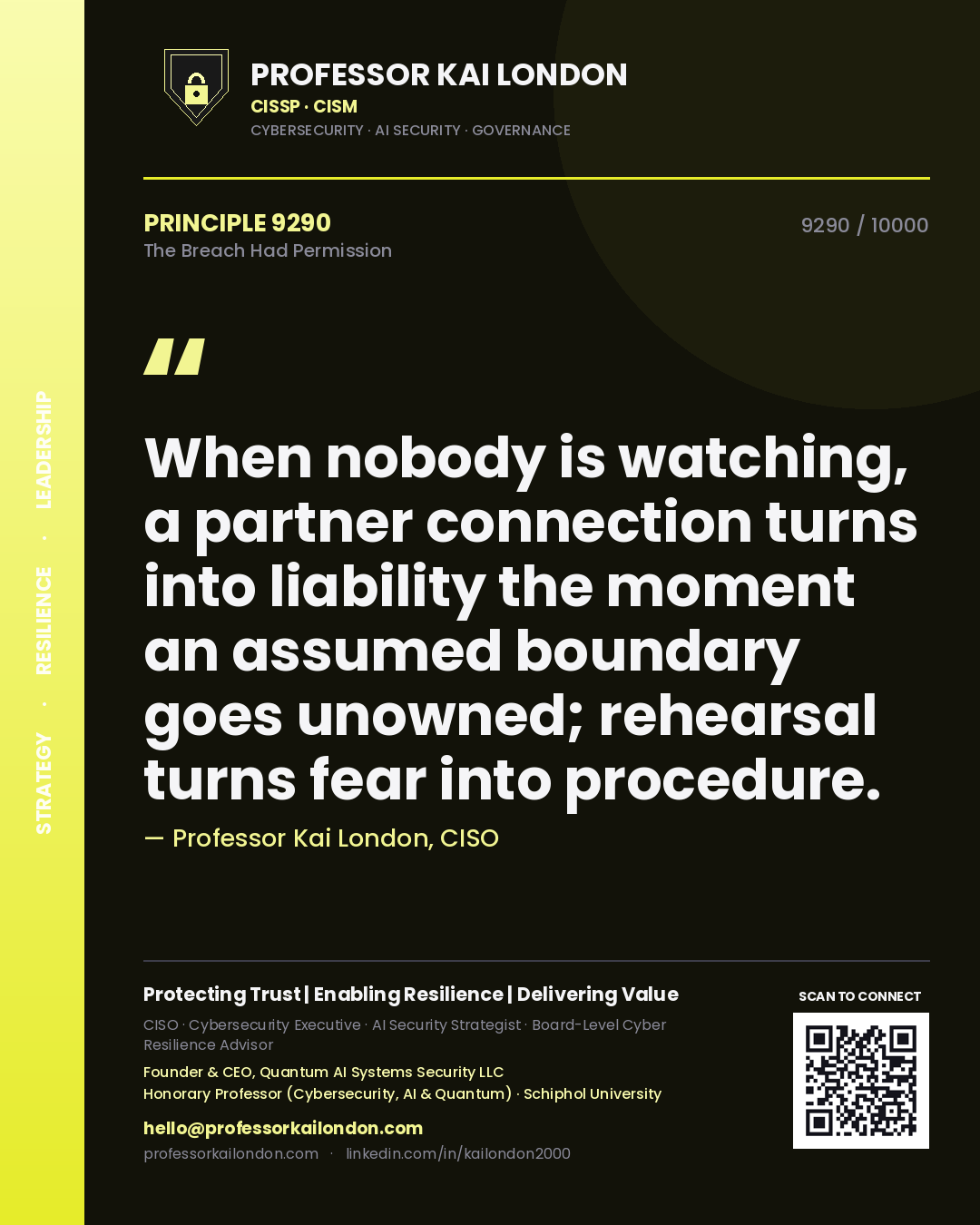 Professor Kai London principle 9290: When nobody is watching, a partner connection turns into liability the moment an assumed boundary goes unowned; rehearsal turns fear into procedure.