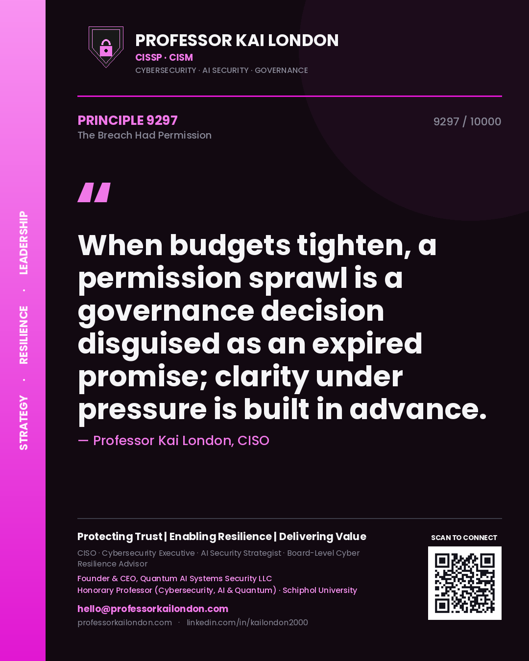 Professor Kai London principle 9297: When budgets tighten, a permission sprawl is a governance decision disguised as an expired promise; clarity under pressure is built in advance.