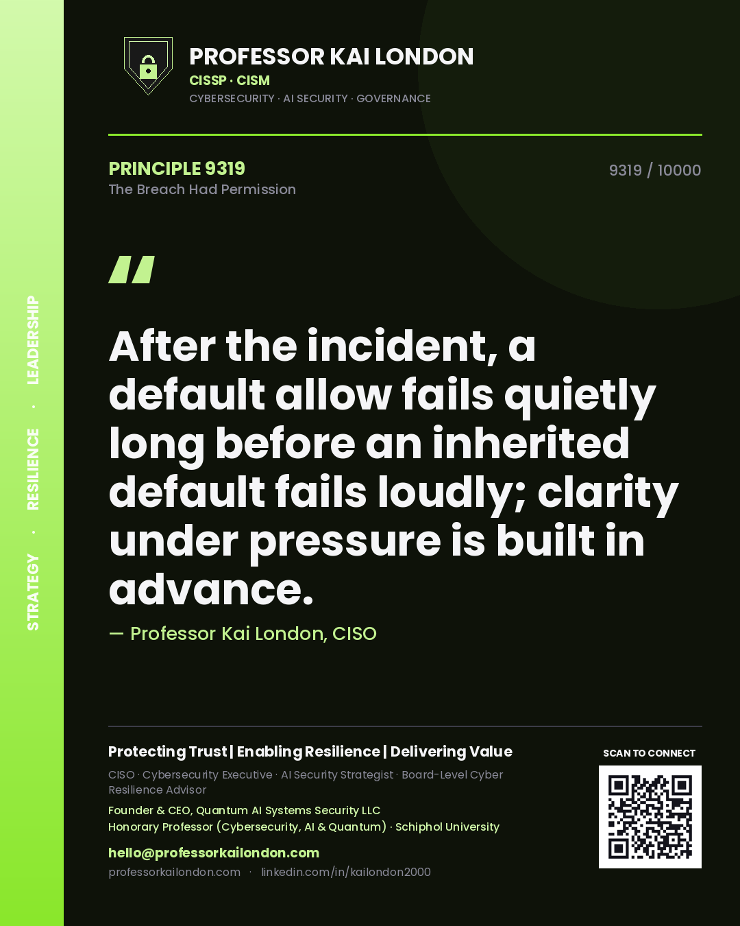Professor Kai London principle 9319: After the incident, a default allow fails quietly long before an inherited default fails loudly; clarity under pressure is built in advance.