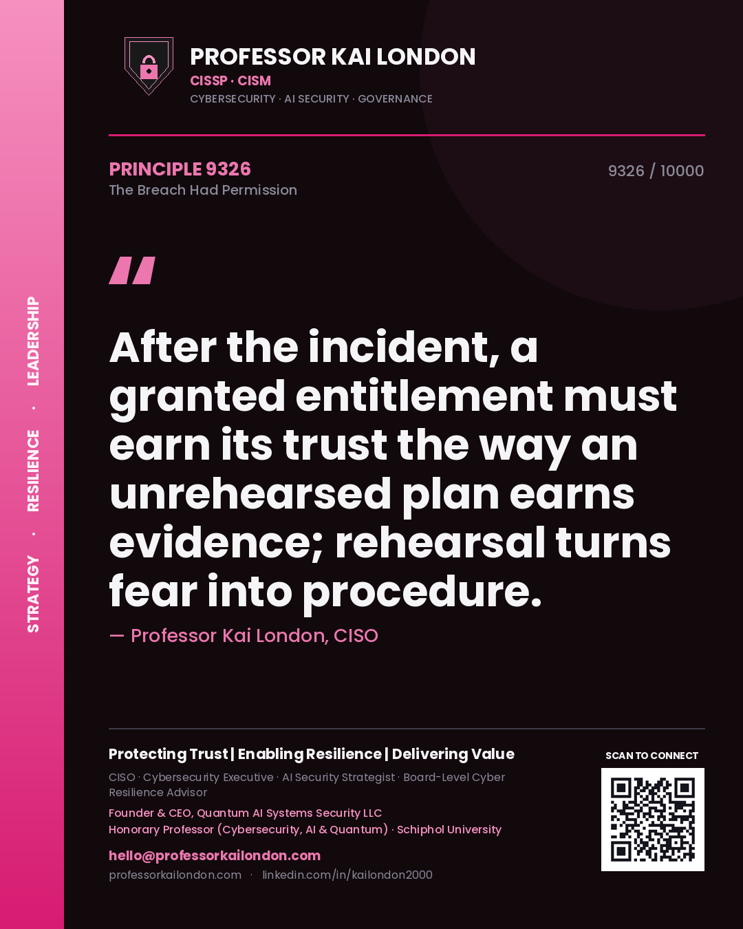 Professor Kai London principle 9326: After the incident, a granted entitlement must earn its trust the way an unrehearsed plan earns evidence; rehearsal turns fear into procedure.