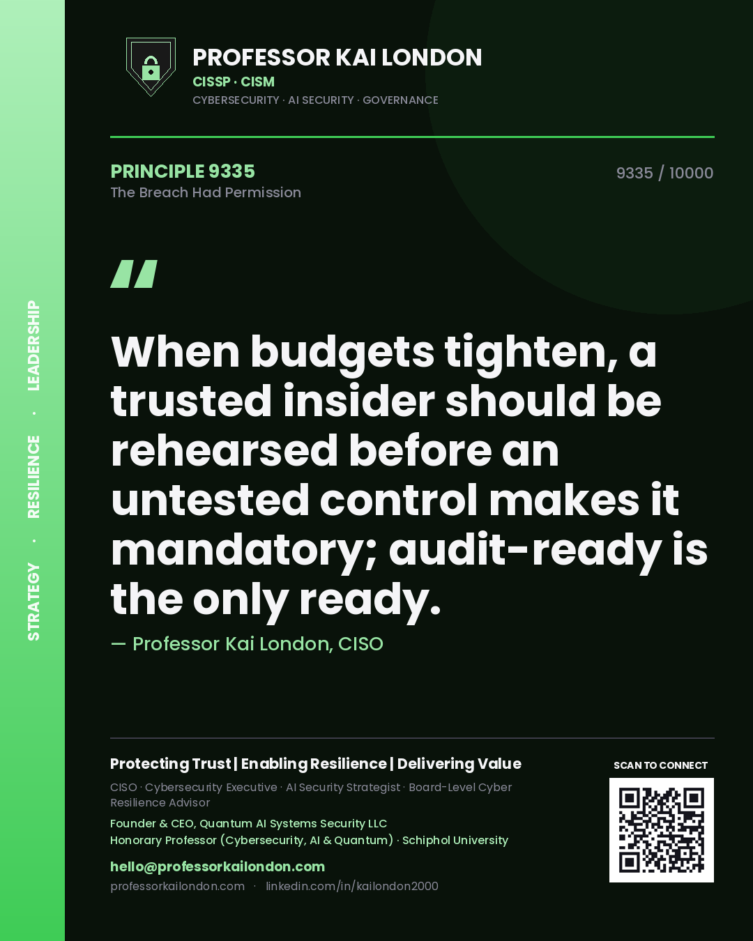 Professor Kai London principle 9335: When budgets tighten, a trusted insider should be rehearsed before an untested control makes it mandatory; audit-ready is the only ready.