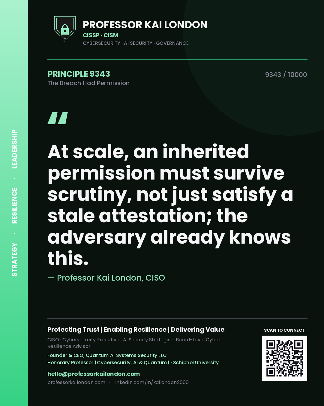 Professor Kai London principle 9343: At scale, an inherited permission must survive scrutiny, not just satisfy a stale attestation; the adversary already knows this.