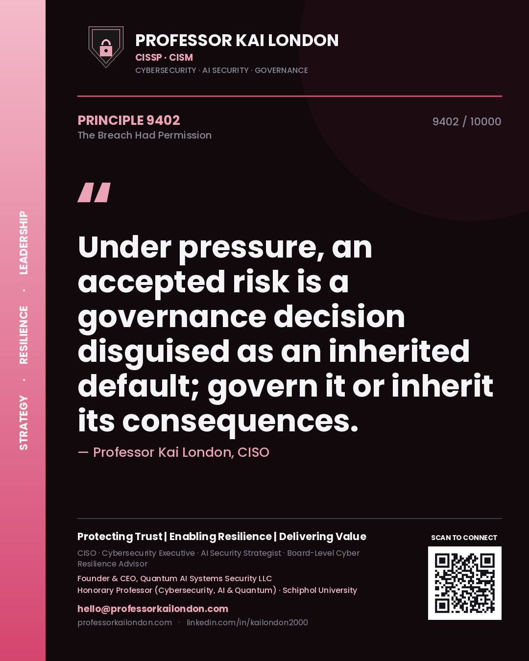 Professor Kai London principle 9402: Under pressure, an accepted risk is a governance decision disguised as an inherited default; govern it or inherit its consequences.