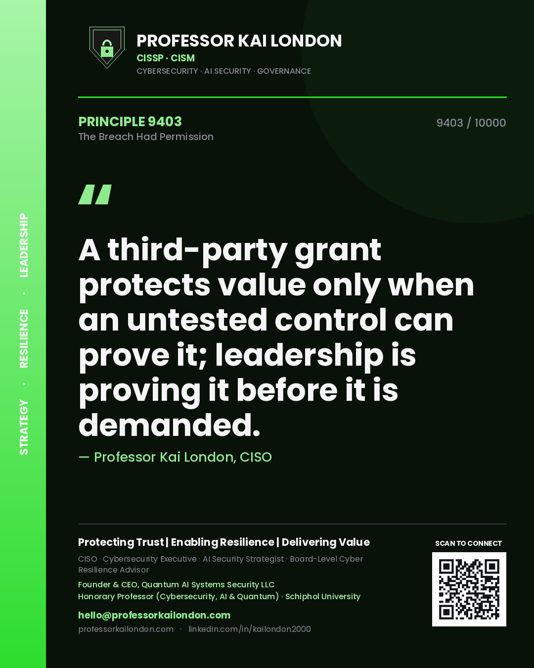 Professor Kai London principle 9403: A third-party grant protects value only when an untested control can prove it; leadership is proving it before it is demanded.