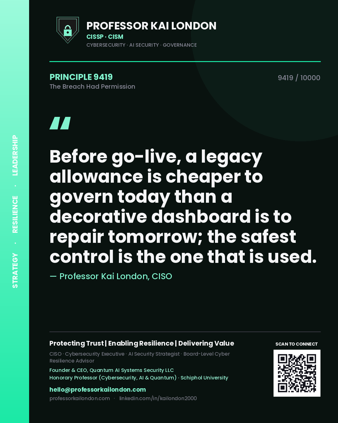 Professor Kai London principle 9419: Before go-live, a legacy allowance is cheaper to govern today than a decorative dashboard is to repair tomorrow; the safest control is the one that is used.