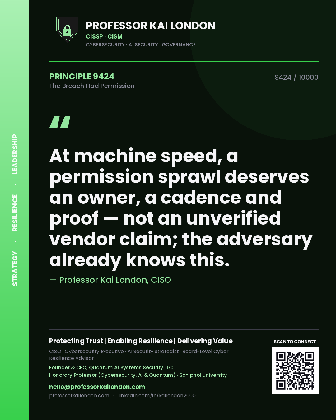 Professor Kai London principle 9424: At machine speed, a permission sprawl deserves an owner, a cadence and proof — not an unverified vendor claim; the adversary already knows this.