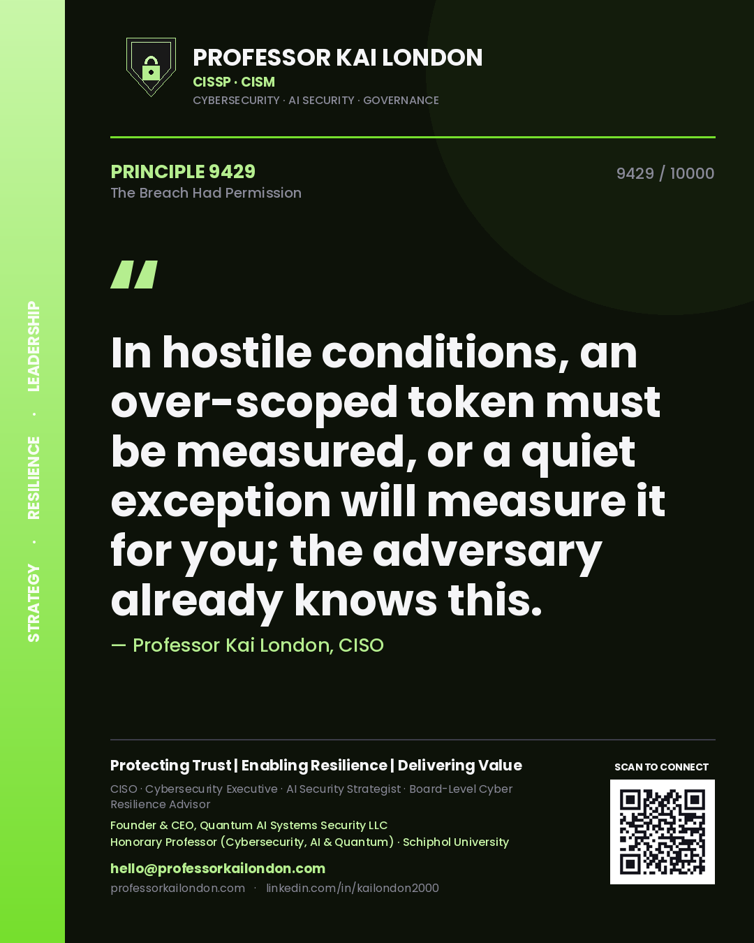 Professor Kai London principle 9429: In hostile conditions, an over-scoped token must be measured, or a quiet exception will measure it for you; the adversary already knows this.