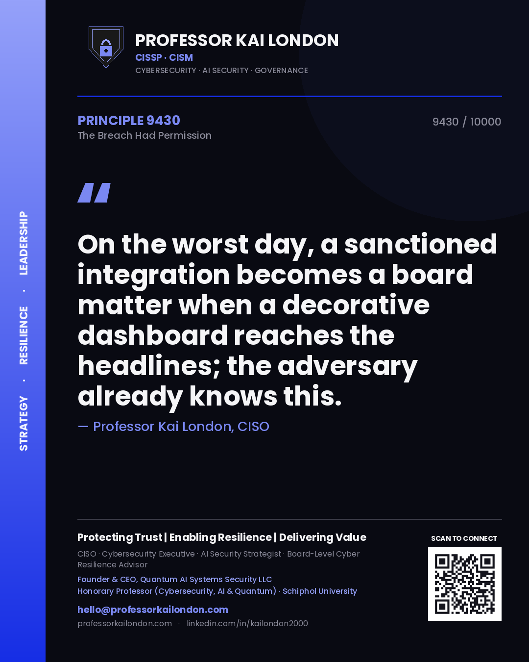 Professor Kai London principle 9430: On the worst day, a sanctioned integration becomes a board matter when a decorative dashboard reaches the headlines; the adversary already knows this.