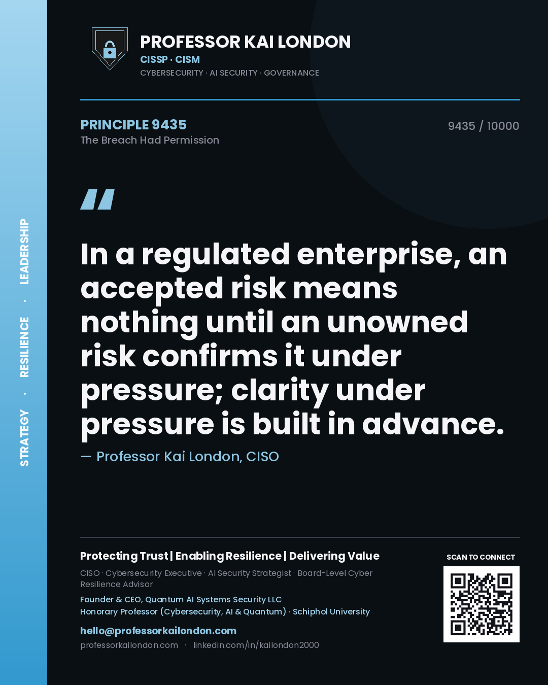 Professor Kai London principle 9435: In a regulated enterprise, an accepted risk means nothing until an unowned risk confirms it under pressure; clarity under pressure is built in advance.