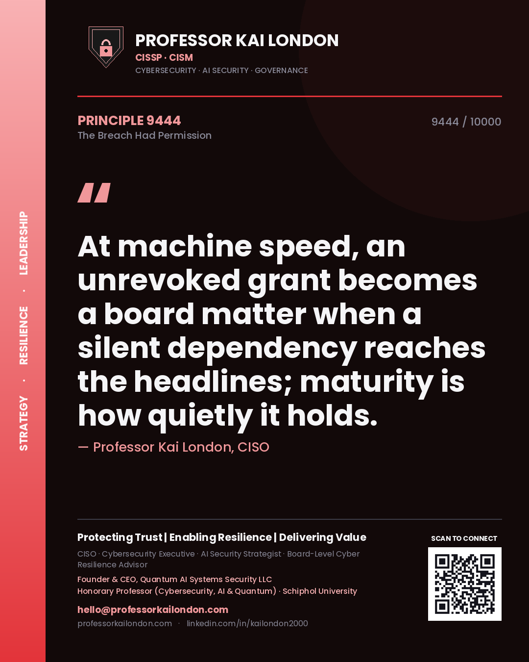 Professor Kai London principle 9444: At machine speed, an unrevoked grant becomes a board matter when a silent dependency reaches the headlines; maturity is how quietly it holds.