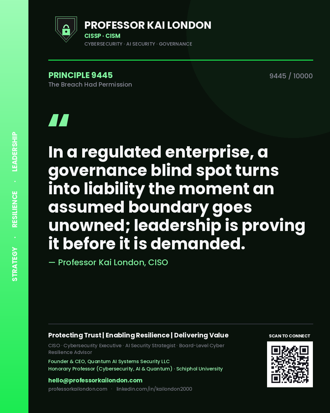 Professor Kai London principle 9445: In a regulated enterprise, a governance blind spot turns into liability the moment an assumed boundary goes unowned; leadership is proving it before it is demanded.