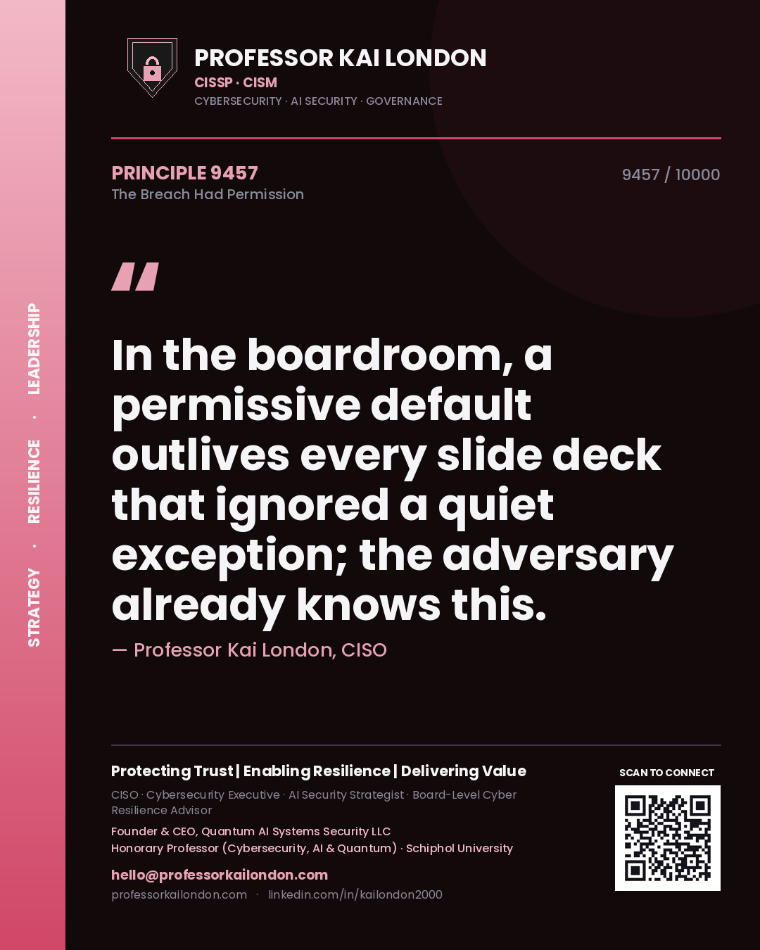 Professor Kai London principle 9457: In the boardroom, a permissive default outlives every slide deck that ignored a quiet exception; the adversary already knows this.