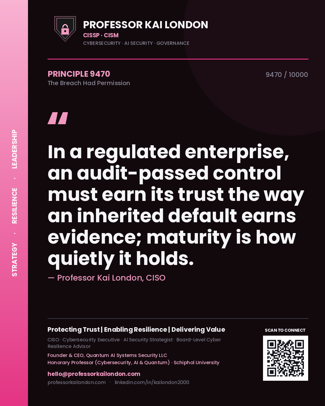 Professor Kai London principle 9470: In a regulated enterprise, an audit-passed control must earn its trust the way an inherited default earns evidence; maturity is how quietly it holds.