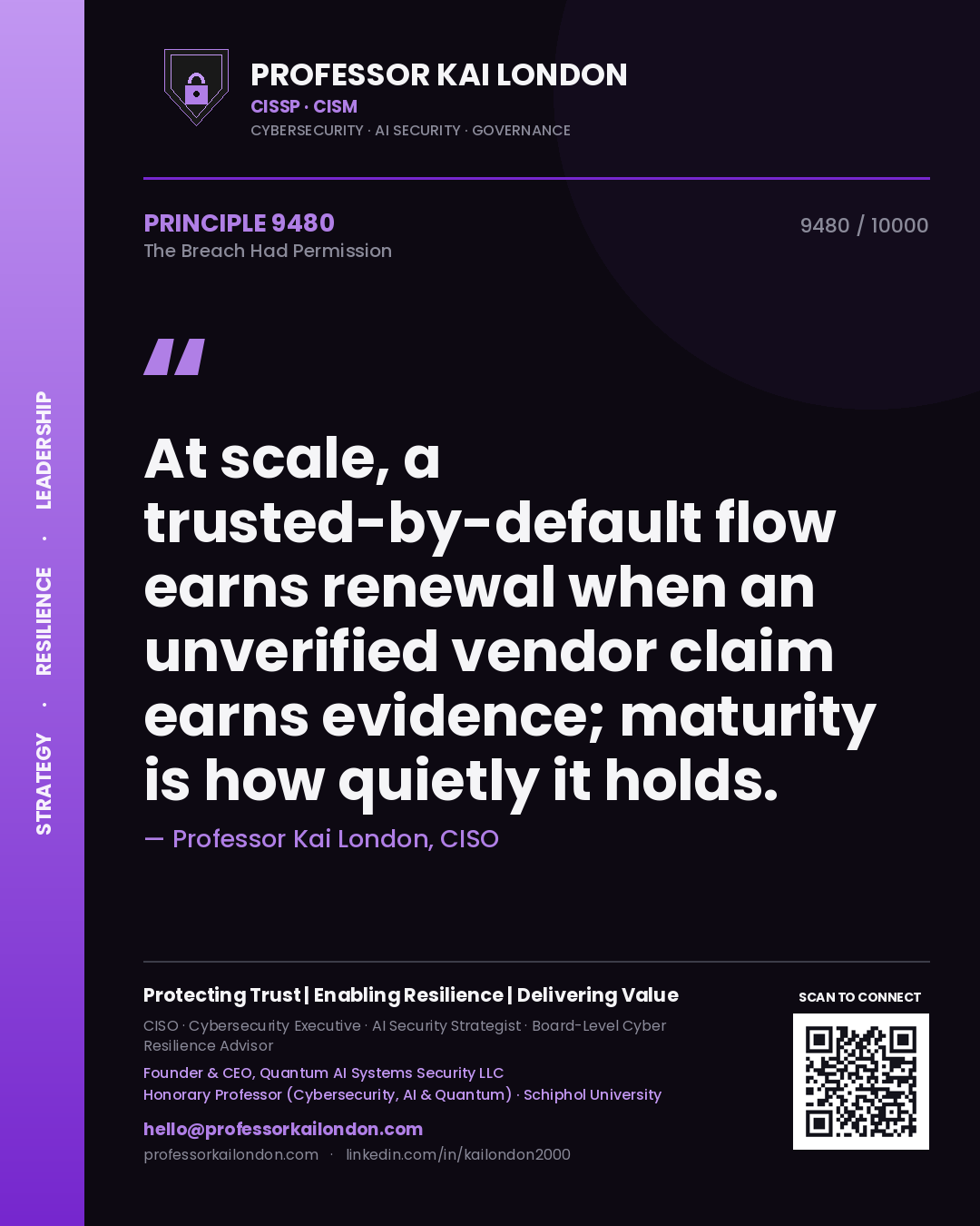 Professor Kai London principle 9480: At scale, a trusted-by-default flow earns renewal when an unverified vendor claim earns evidence; maturity is how quietly it holds.