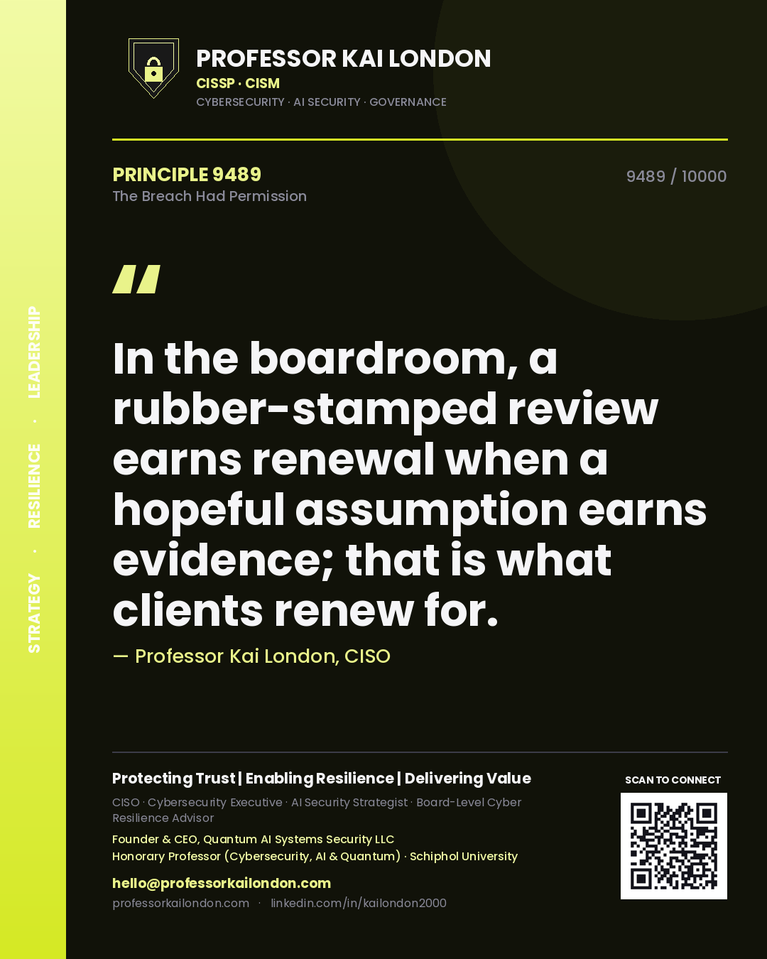 Professor Kai London principle 9489: In the boardroom, a rubber-stamped review earns renewal when a hopeful assumption earns evidence; that is what clients renew for.