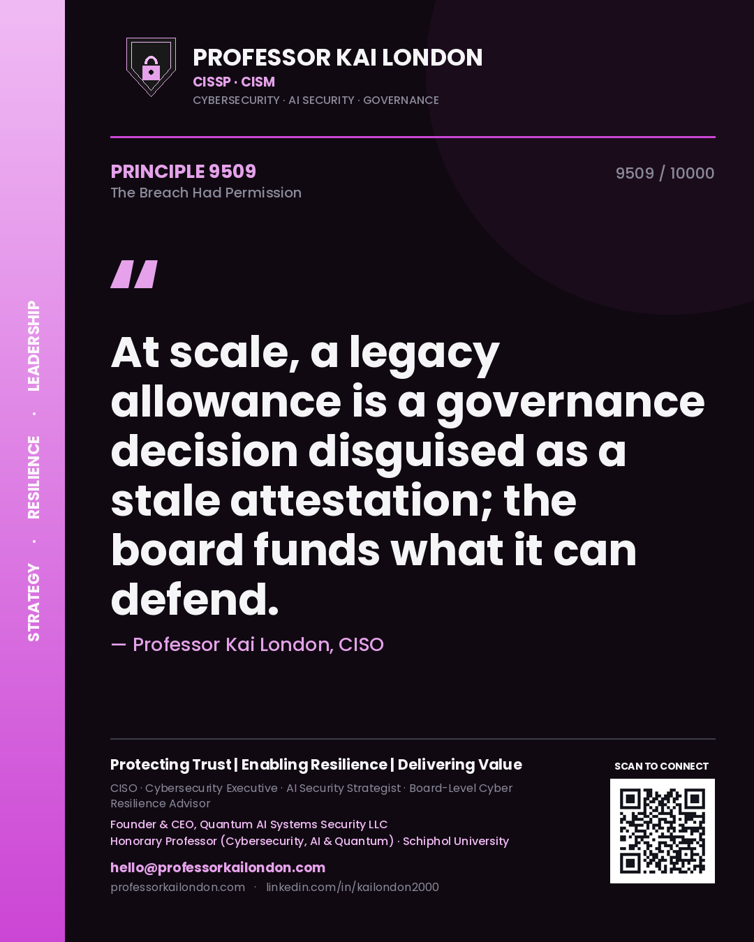 Professor Kai London principle 9509: At scale, a legacy allowance is a governance decision disguised as a stale attestation; the board funds what it can defend.