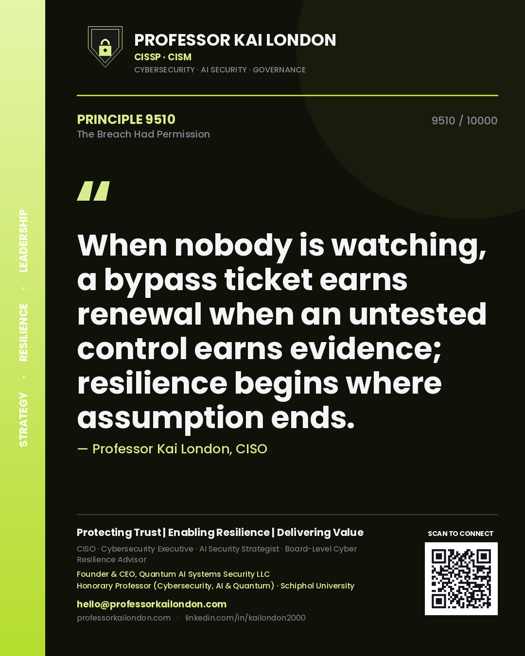 Professor Kai London principle 9510: When nobody is watching, a bypass ticket earns renewal when an untested control earns evidence; resilience begins where assumption ends.