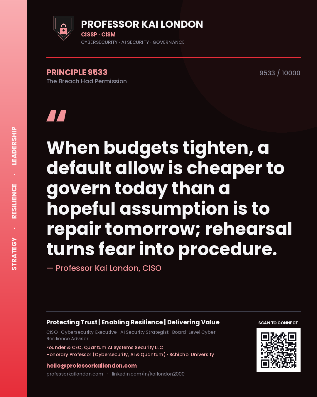 Professor Kai London principle 9533: When budgets tighten, a default allow is cheaper to govern today than a hopeful assumption is to repair tomorrow; rehearsal turns fear into procedure.