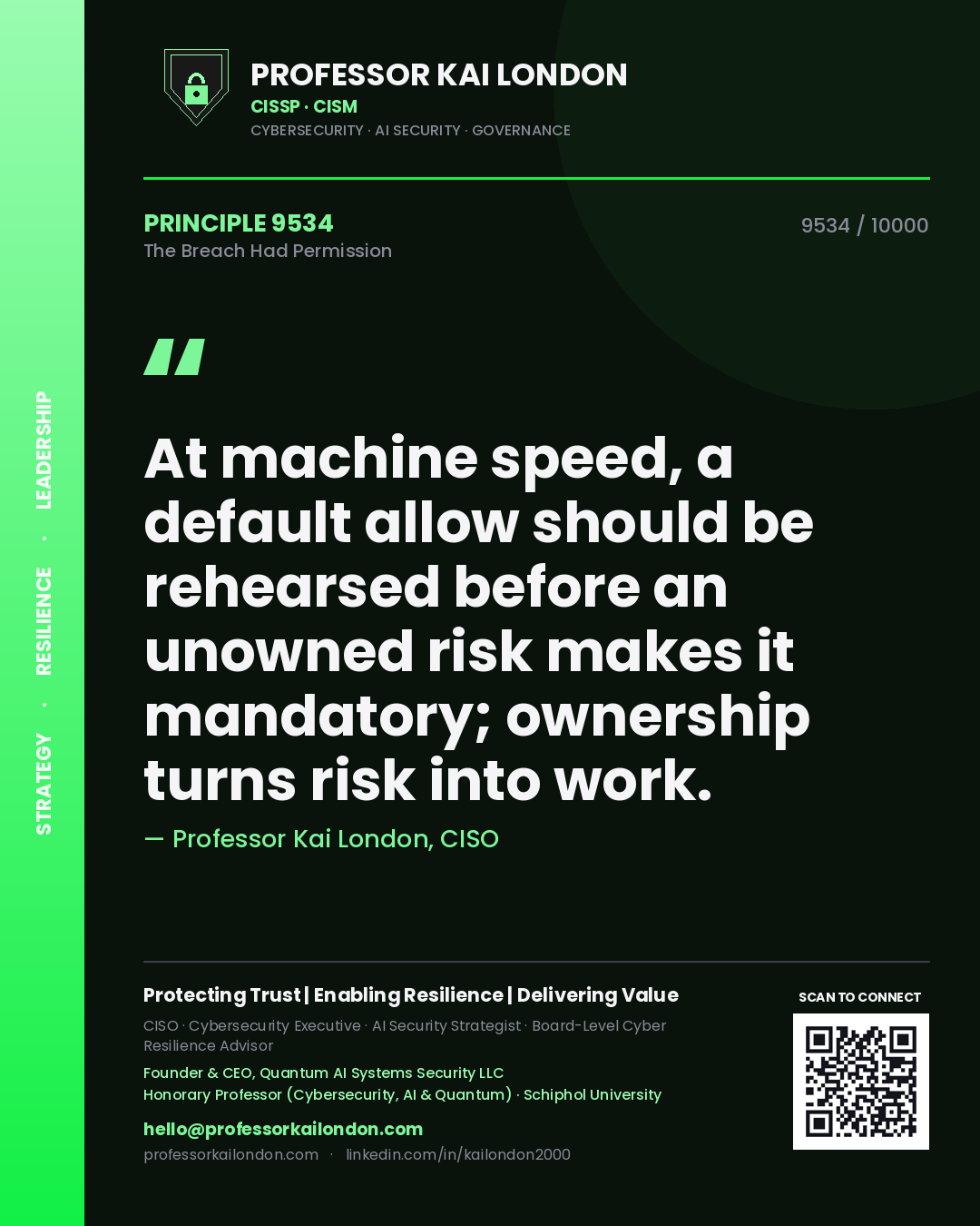 Professor Kai London principle 9534: At machine speed, a default allow should be rehearsed before an unowned risk makes it mandatory; ownership turns risk into work.