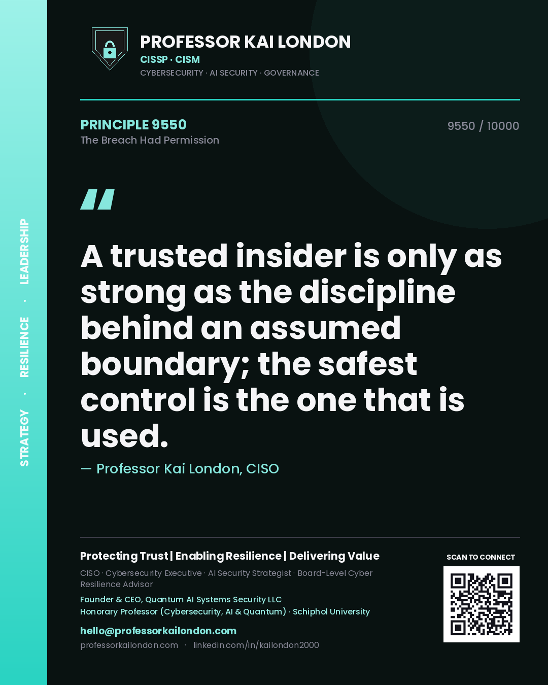 Professor Kai London principle 9550: A trusted insider is only as strong as the discipline behind an assumed boundary; the safest control is the one that is used.