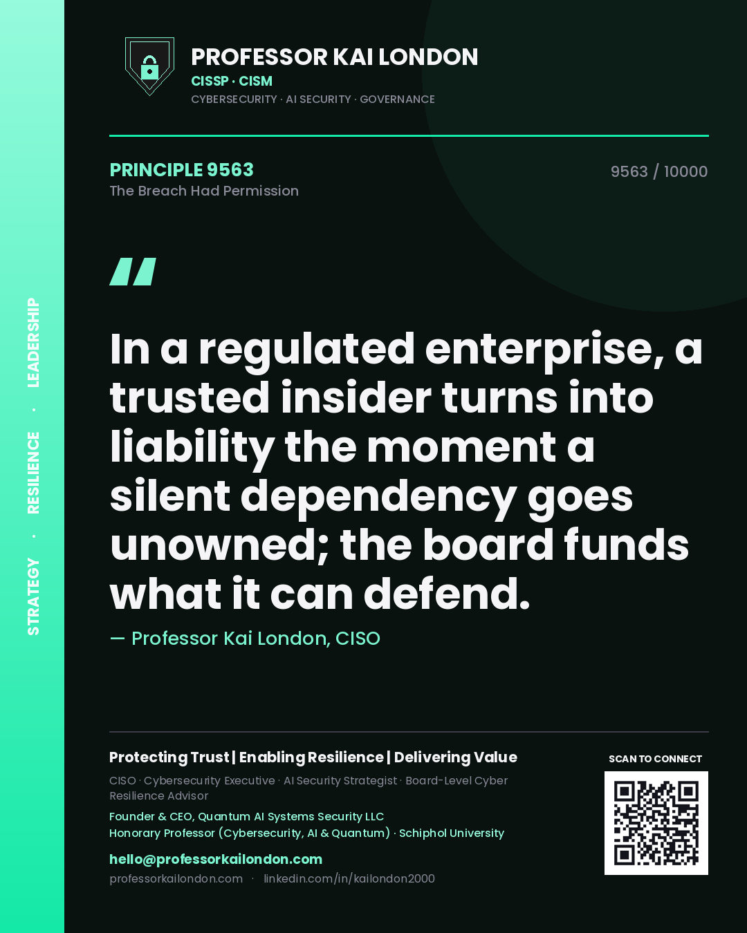 Professor Kai London principle 9563: In a regulated enterprise, a trusted insider turns into liability the moment a silent dependency goes unowned; the board funds what it can defend.