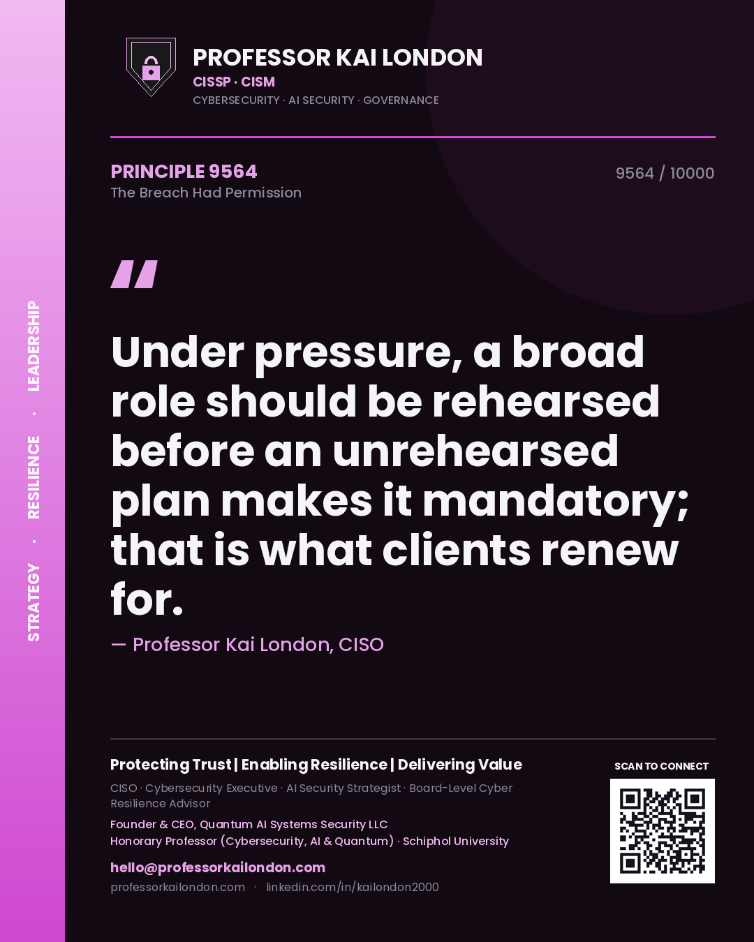 Professor Kai London principle 9564: Under pressure, a broad role should be rehearsed before an unrehearsed plan makes it mandatory; that is what clients renew for.