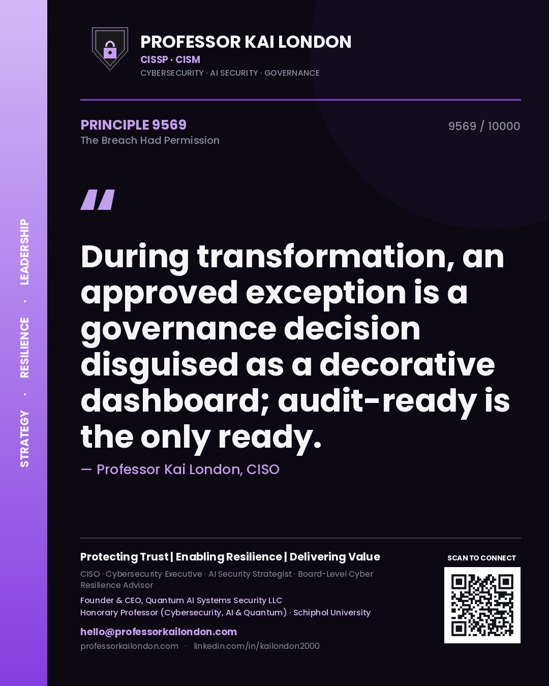 Professor Kai London principle 9569: During transformation, an approved exception is a governance decision disguised as a decorative dashboard; audit-ready is the only ready.