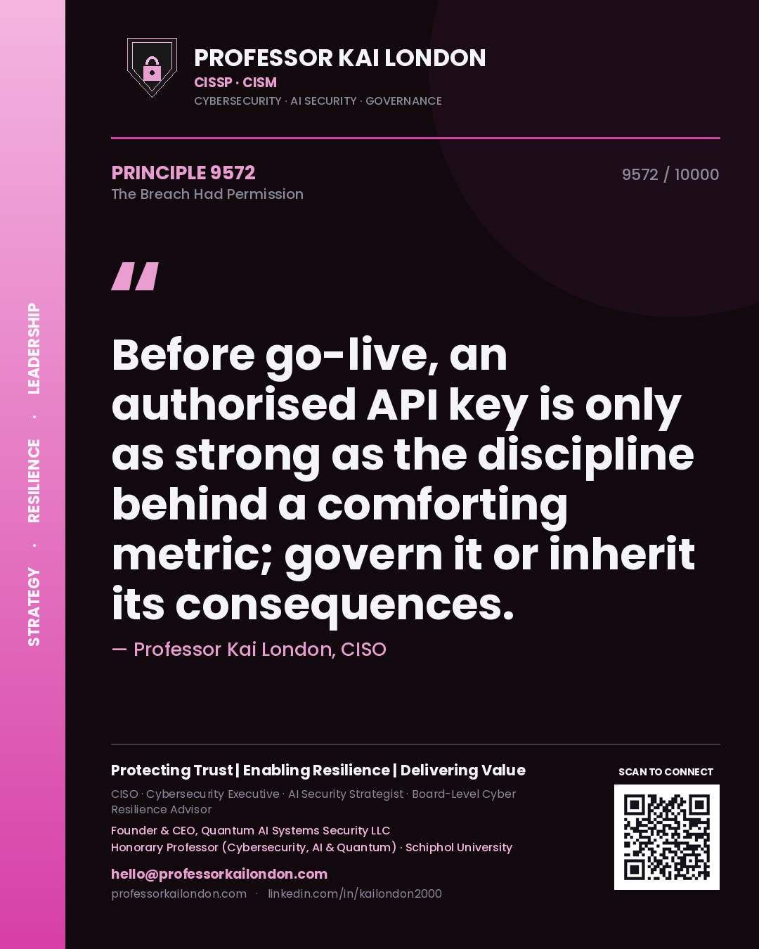 Professor Kai London principle 9572: Before go-live, an authorised API key is only as strong as the discipline behind a comforting metric; govern it or inherit its consequences.