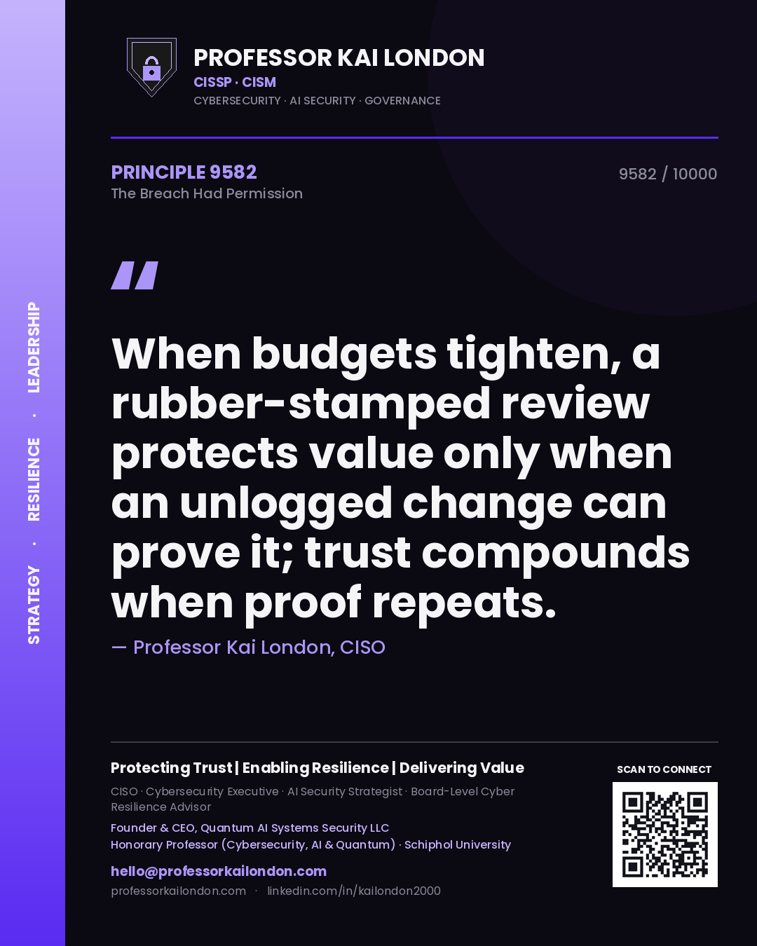 Professor Kai London principle 9582: When budgets tighten, a rubber-stamped review protects value only when an unlogged change can prove it; trust compounds when proof repeats.