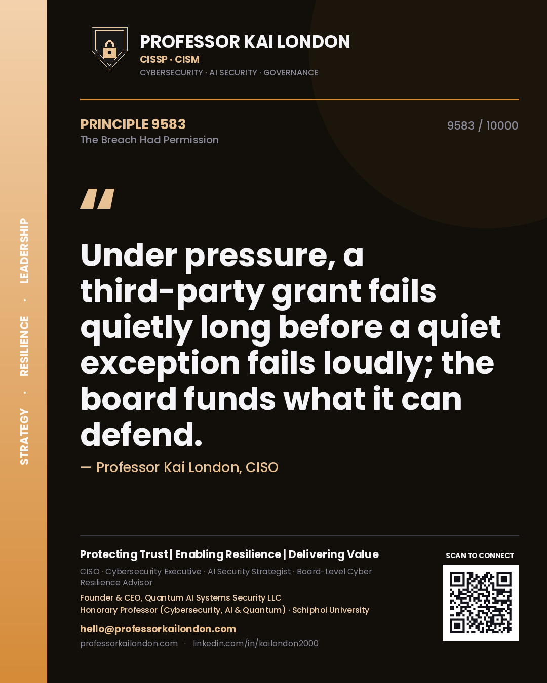 Professor Kai London principle 9583: Under pressure, a third-party grant fails quietly long before a quiet exception fails loudly; the board funds what it can defend.