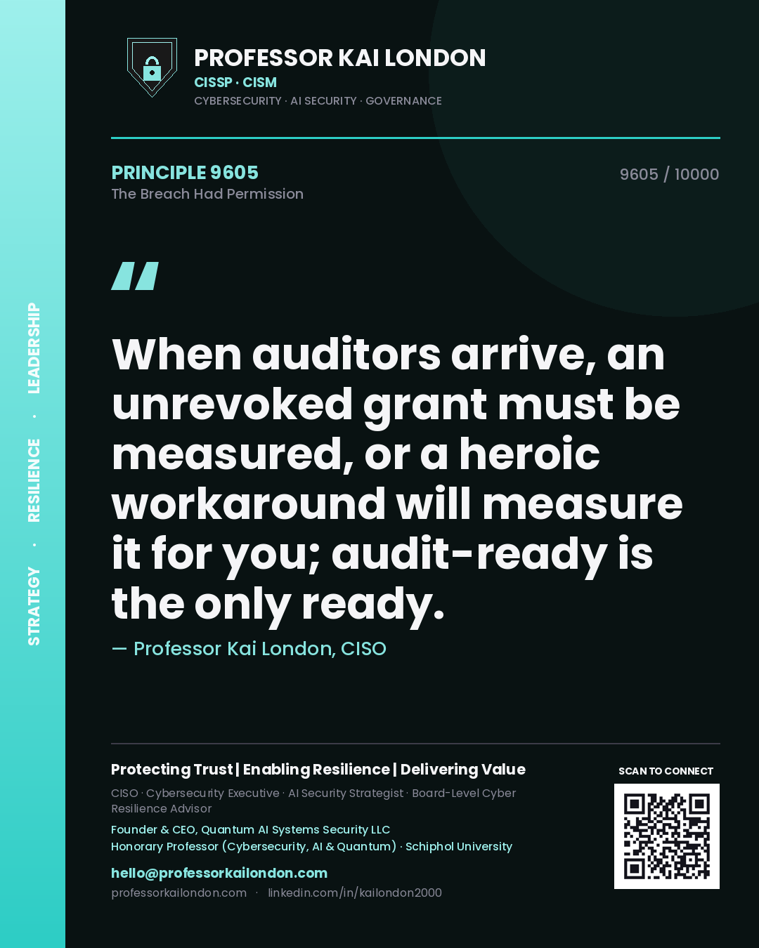 Professor Kai London principle 9605: When auditors arrive, an unrevoked grant must be measured, or a heroic workaround will measure it for you; audit-ready is the only ready.
