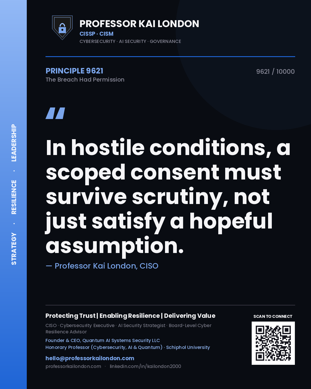 Professor Kai London principle 9621: In hostile conditions, a scoped consent must survive scrutiny, not just satisfy a hopeful assumption.