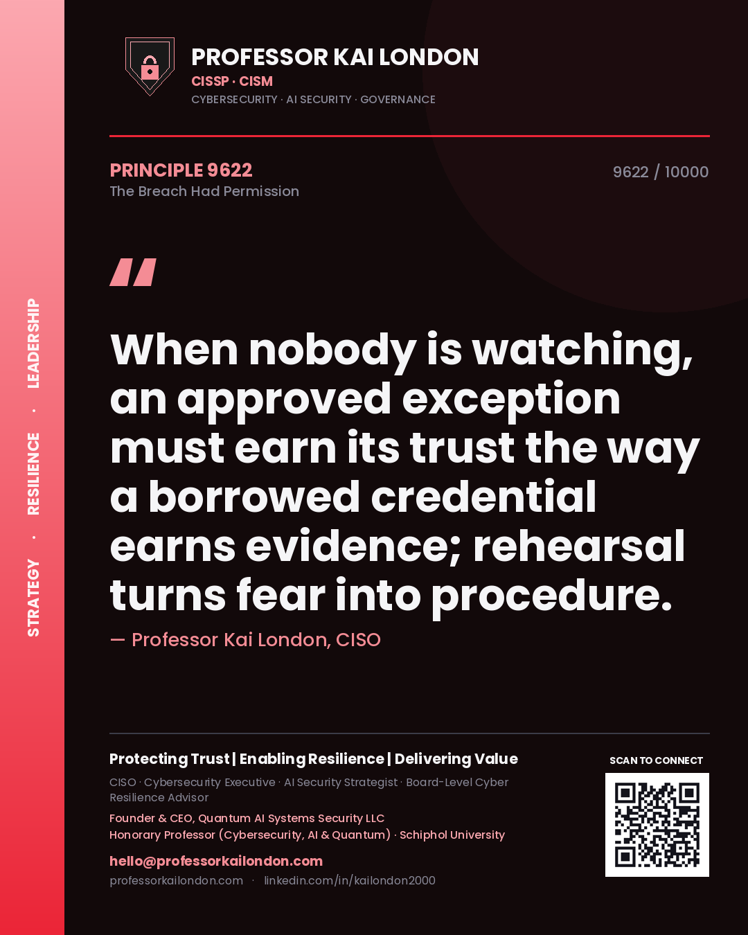 Professor Kai London principle 9622: When nobody is watching, an approved exception must earn its trust the way a borrowed credential earns evidence; rehearsal turns fear into procedure.